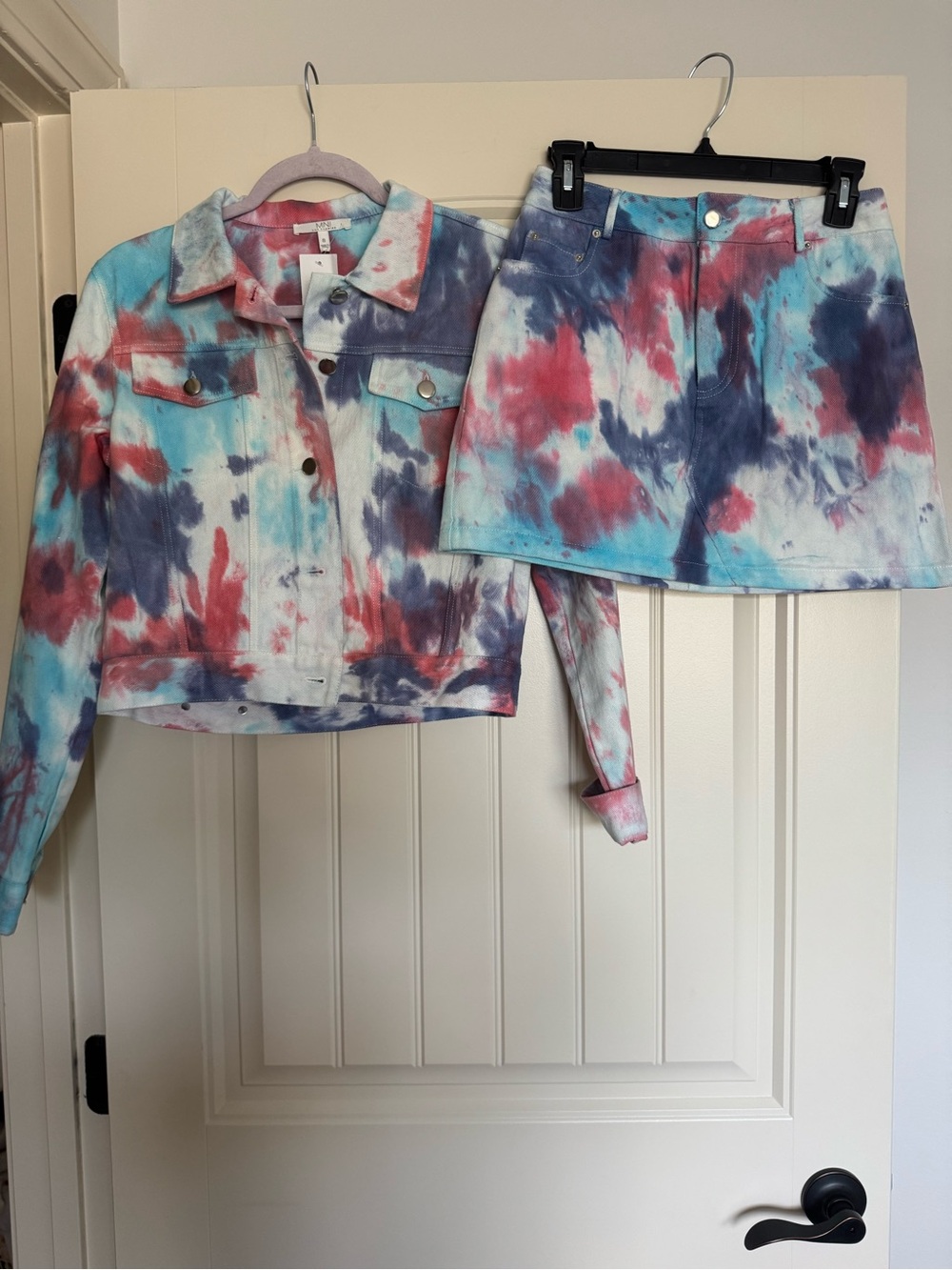Tie-Dye Crop Jacket & Skirt Set - Blue, Pink & Purple
